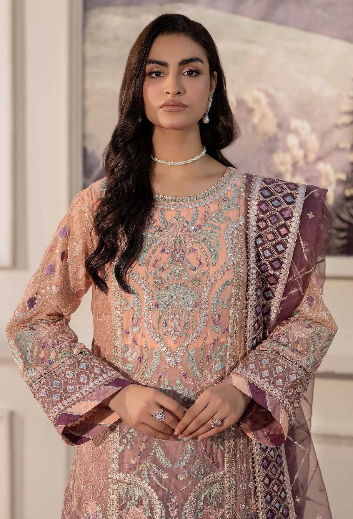 Peach Pink and Purple 'Essence' Adan's Libas Design Chiffon Ladies Suit