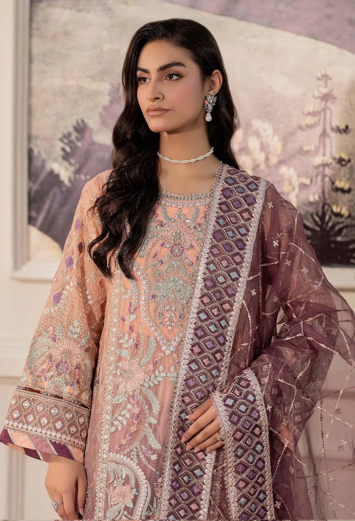 Peach Pink and Purple 'Essence' Adan's Libas Design Chiffon Ladies Suit