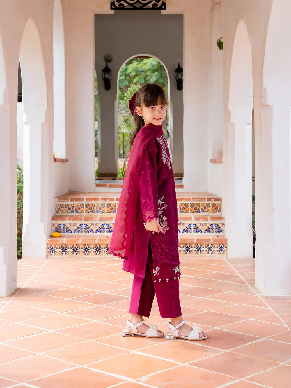 Burgundy 'Aurea' Jacquard Girls Suit