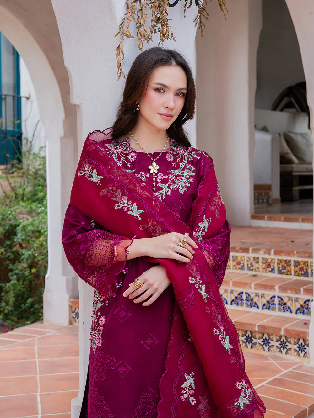 Burgundy 'Aurea' Jacquard Ladies Suit