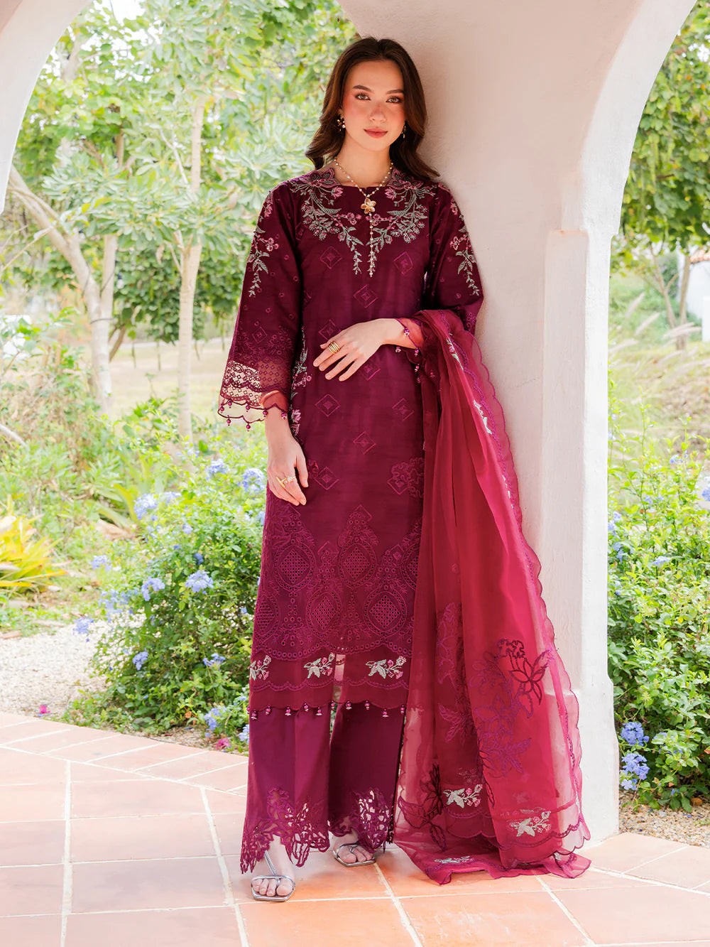 Burgundy 'Aurea' Jacquard Ladies Suit