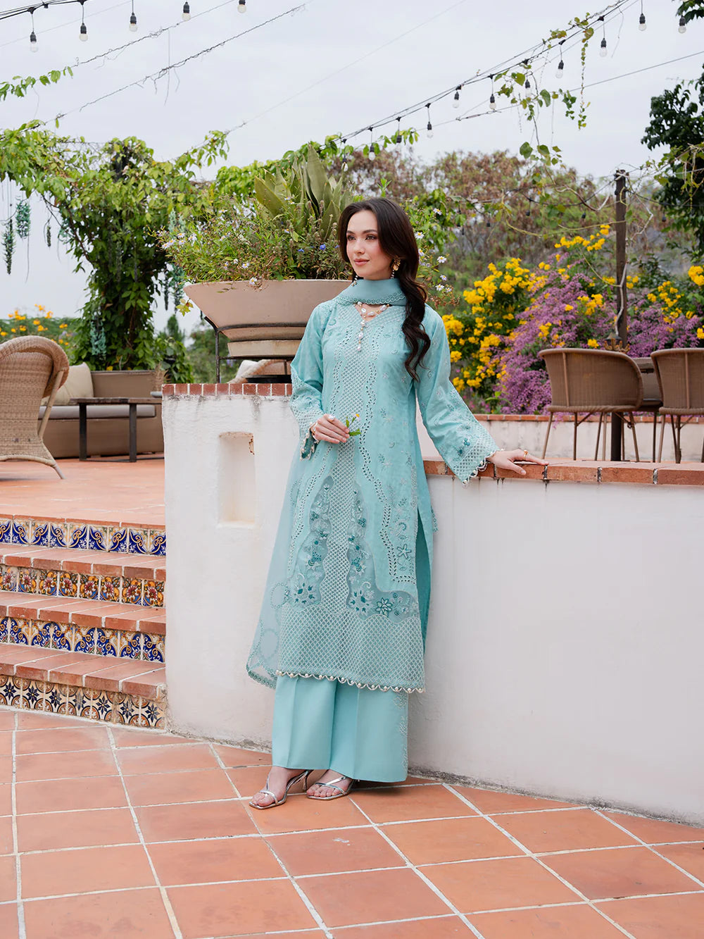 Light Teal Blue 'Aurea' Jacquard Ladies Suit