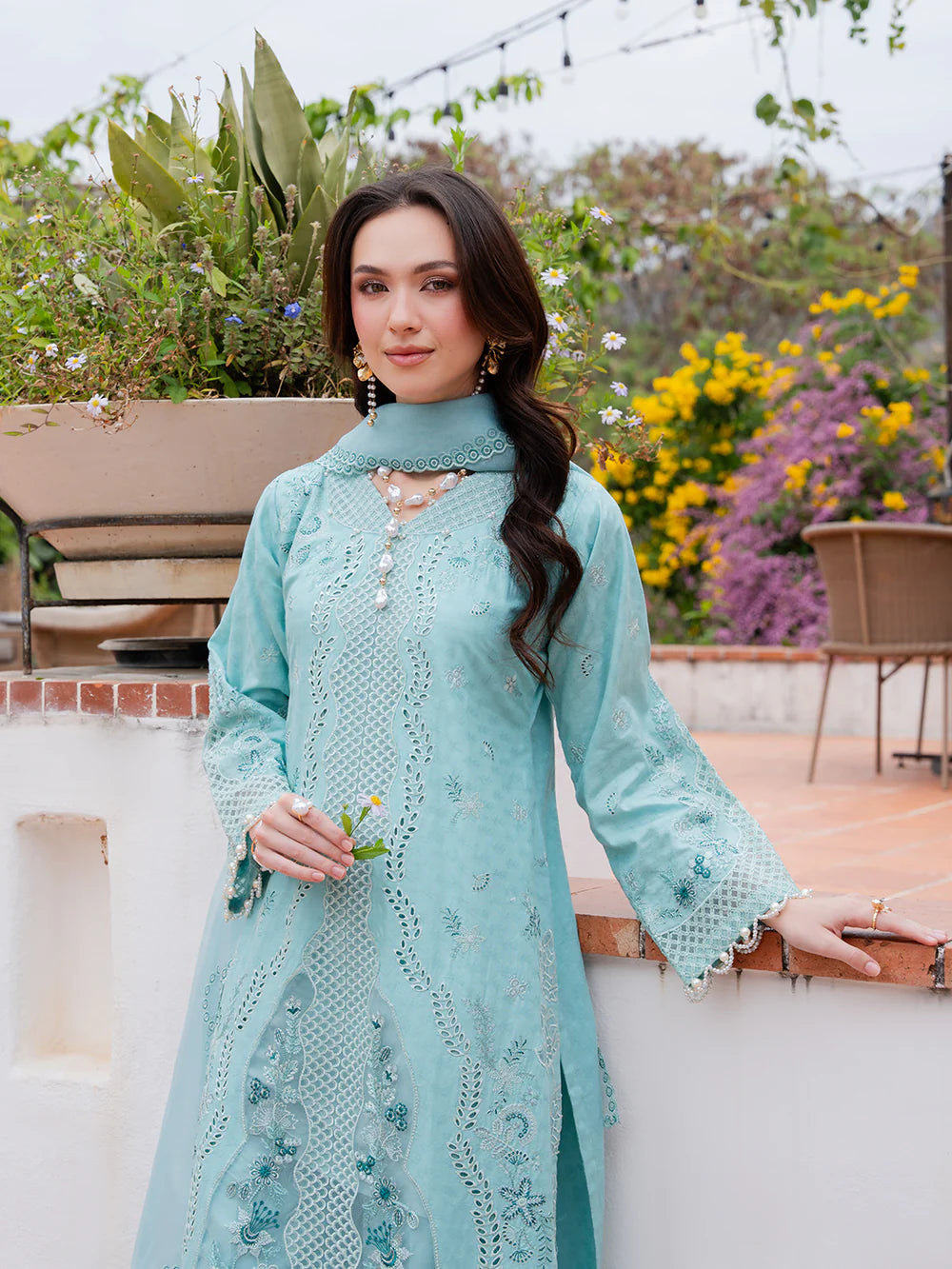 Light Teal Blue 'Aurea' Jacquard Ladies Suit