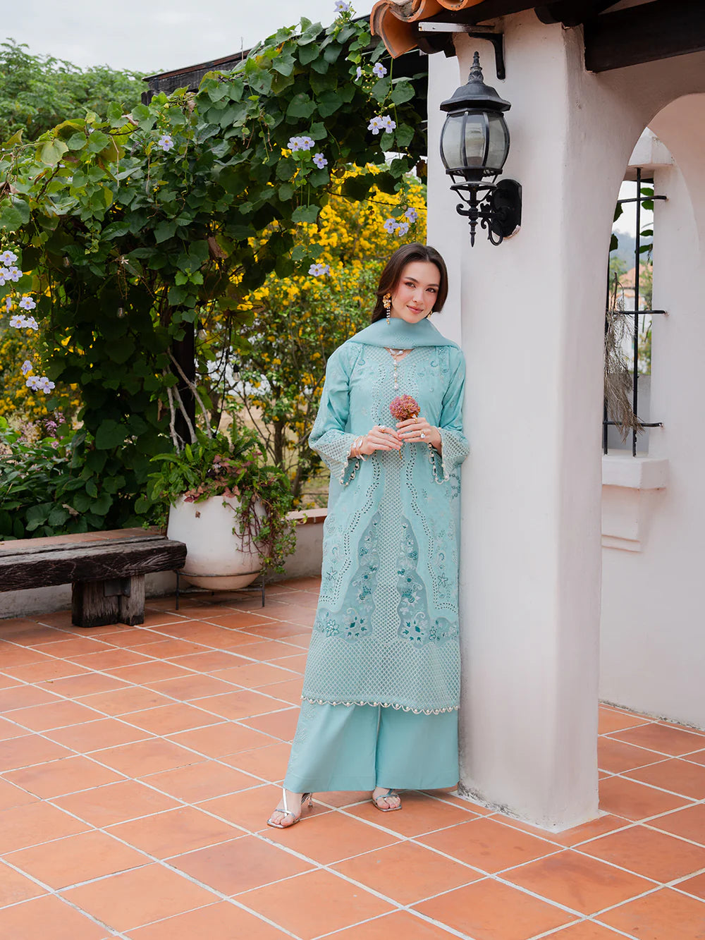 Light Teal Blue 'Aurea' Jacquard Ladies Suit