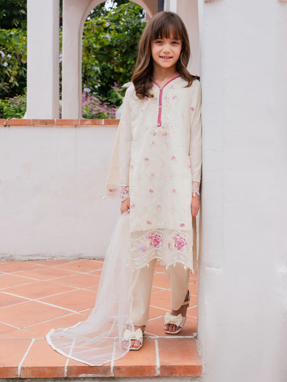 Light Beige Cream 'Aurea' Jacquard Girls Suit