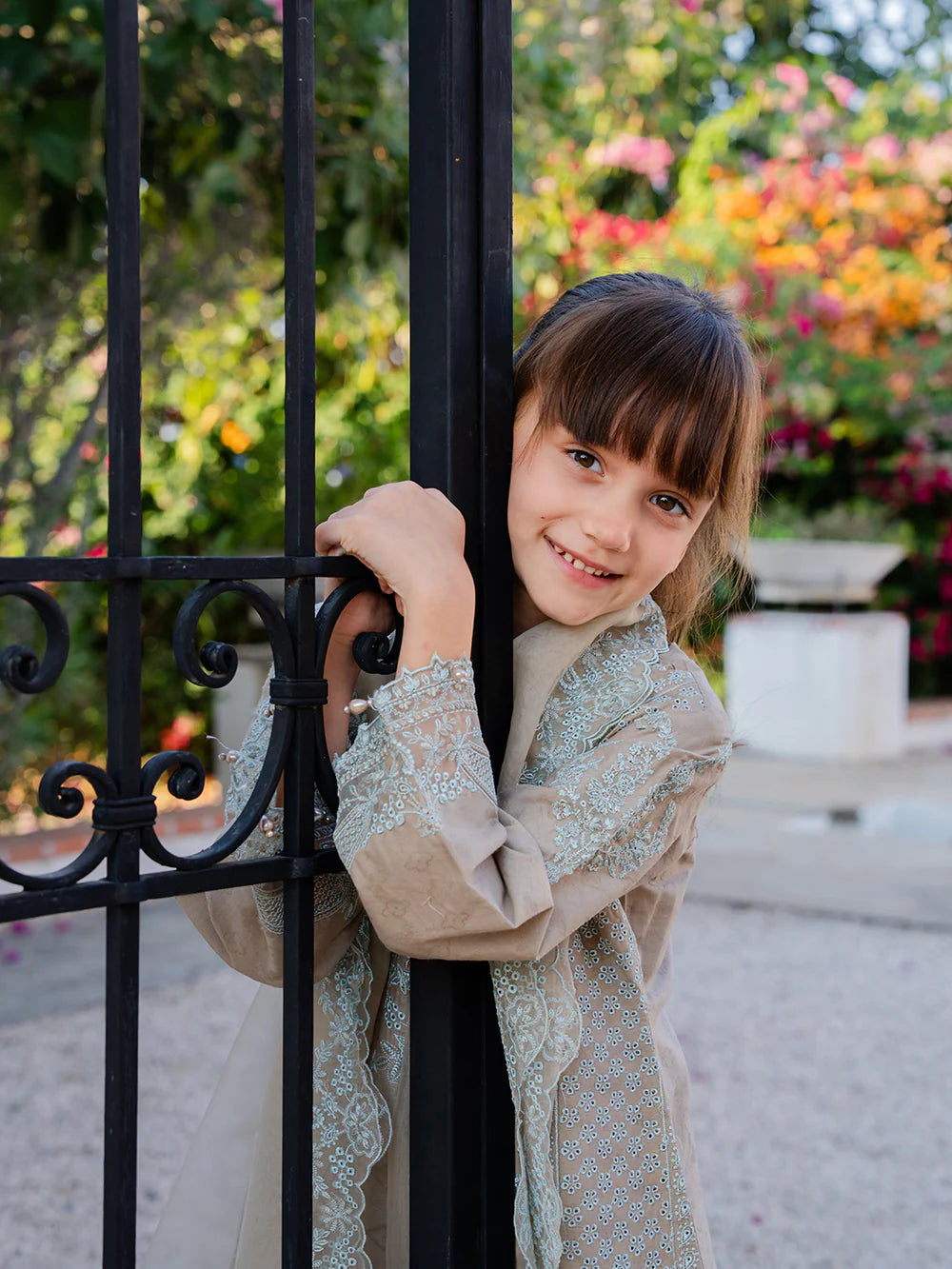 Taupe Grey 'Aurea' Jacquard Girls Suit