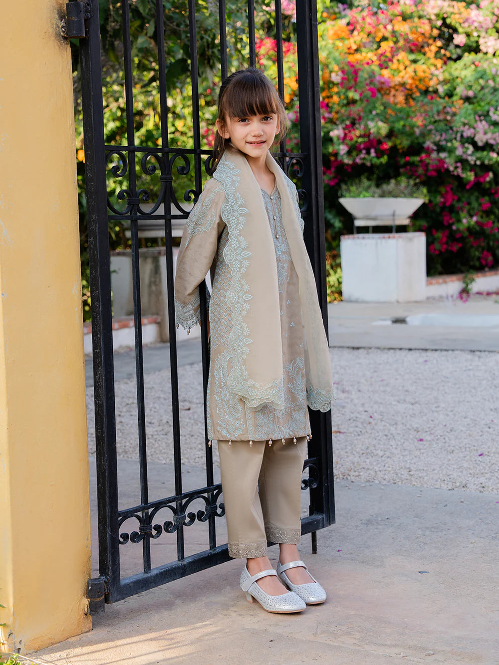Taupe Grey 'Aurea' Jacquard Girls Suit