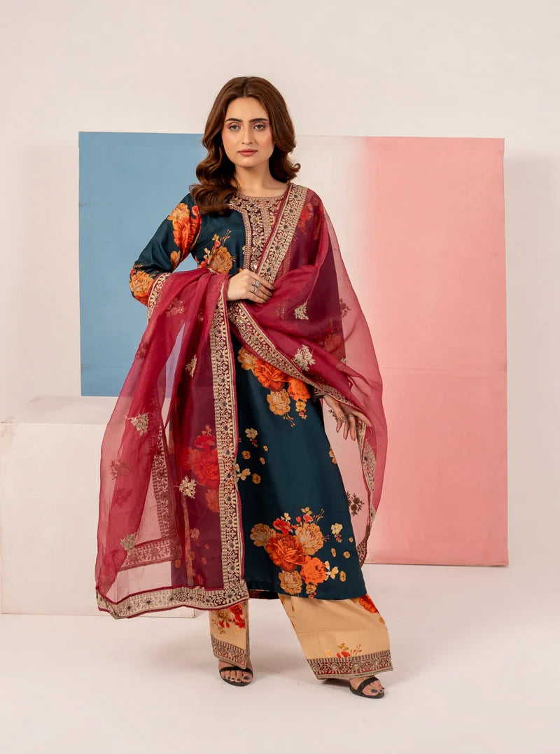 Dark Teal Blue 'Elsa Lux' Silk Lawn Ladies Suit
