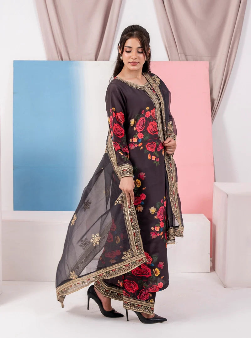 Black 'Elsa Lux' Silk Lawn Ladies Suit