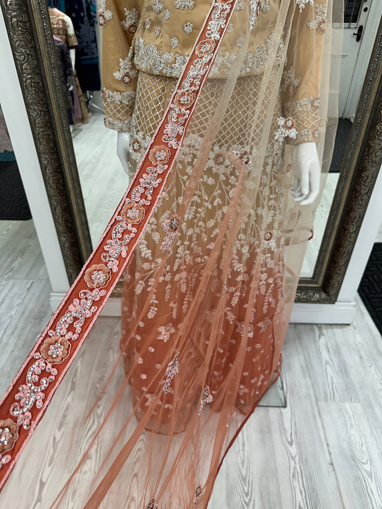 Creamy Gold and Peach Luxury Net Lehenga Choli Ladies Suit