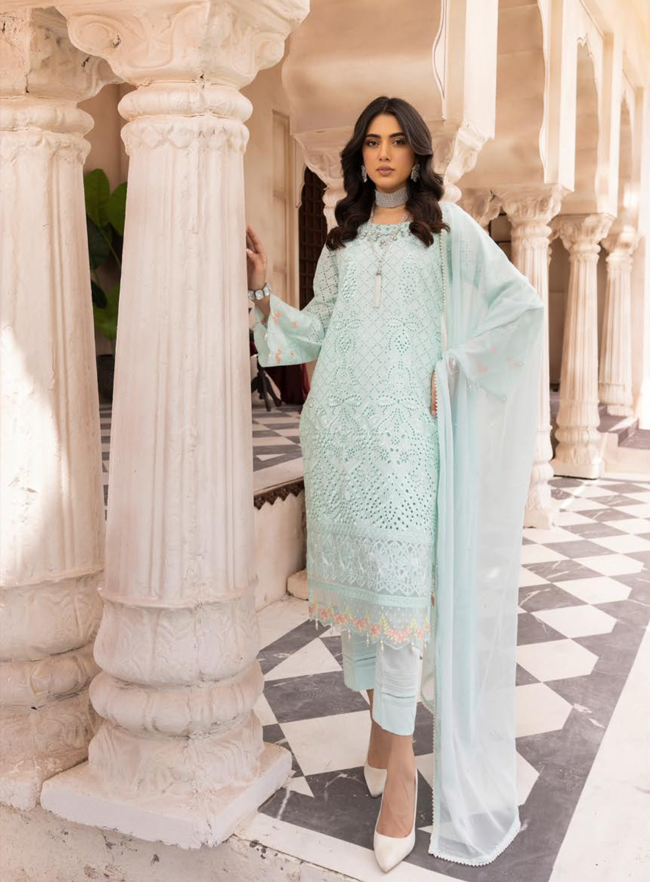 Light Teal Blue Chikankari Ladies Suit