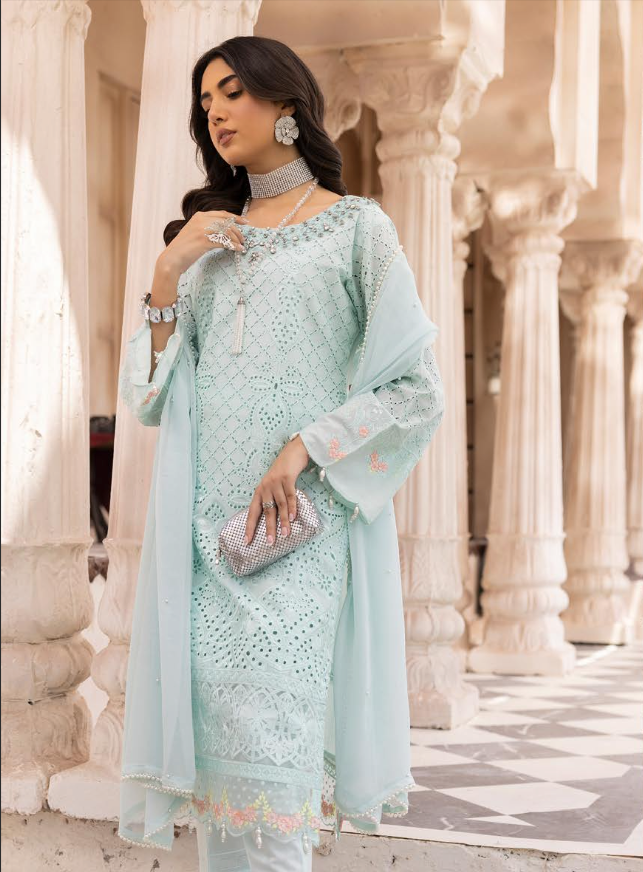 Light Teal Blue Chikankari Ladies Suit