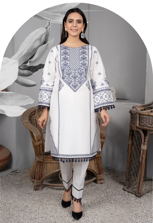 White and Blue Daisy Viscose Ladies Suit