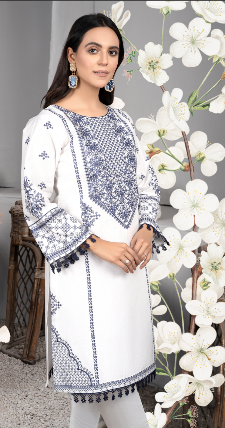 White and Blue Daisy Viscose Ladies Suit