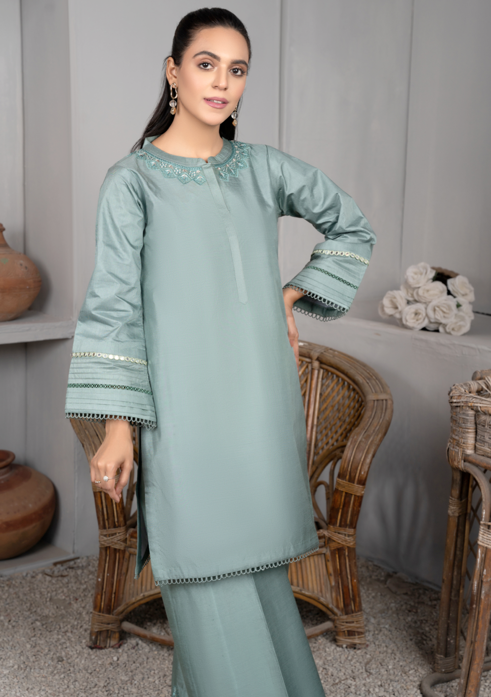 Teal Blue Green Daisy Viscose Ladies Suit