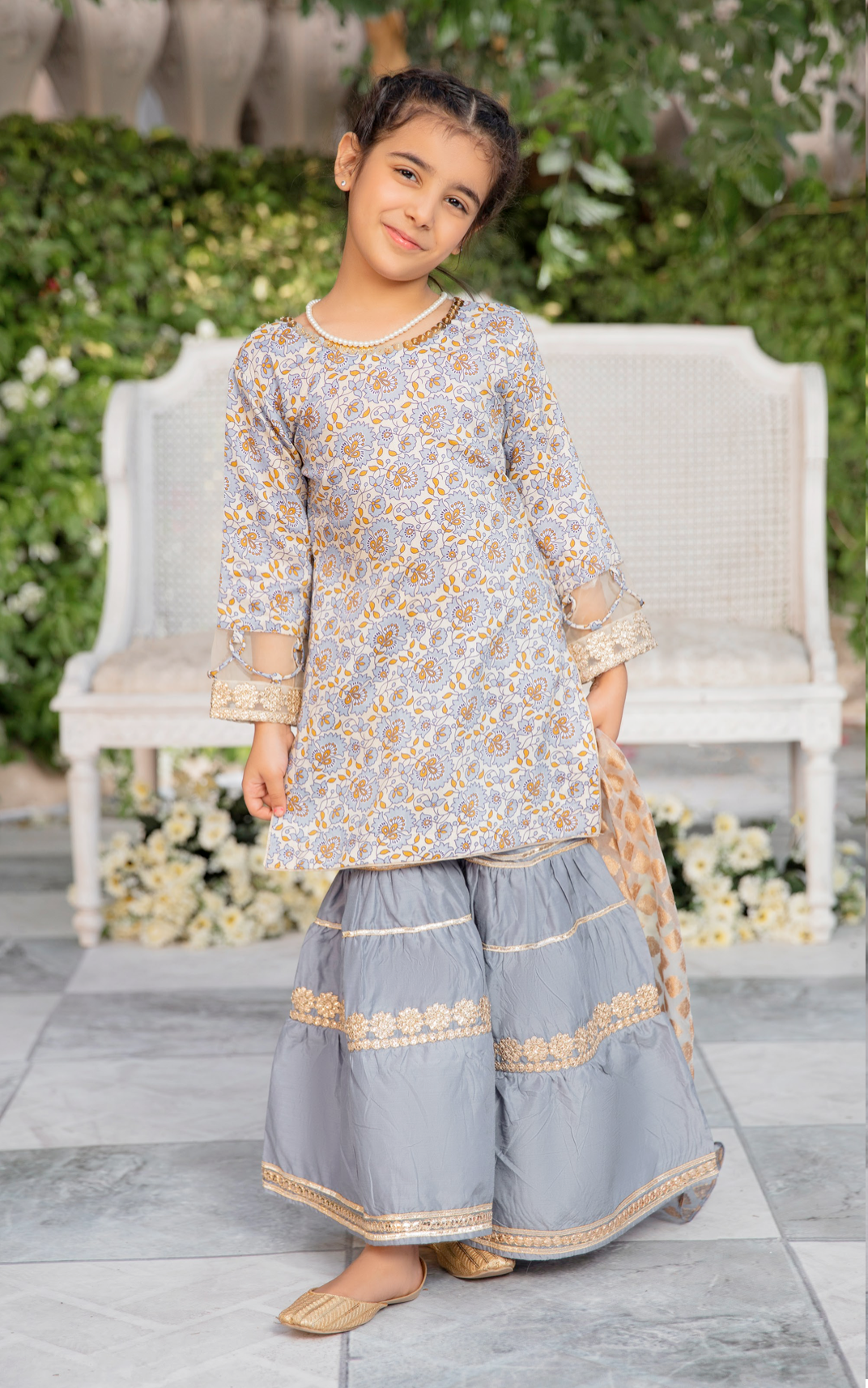 Off White and Blue IVANA Luxury Gharara Girls Suit