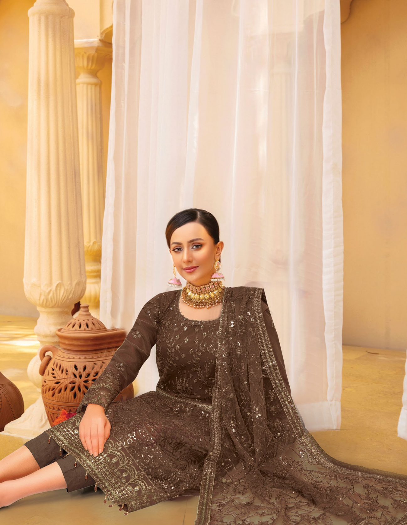 Dark Brown Urshia Luxury Net Ladies Suit