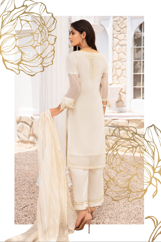 Cream and Gold Blair Soft Cotton Net Ladies Suit
