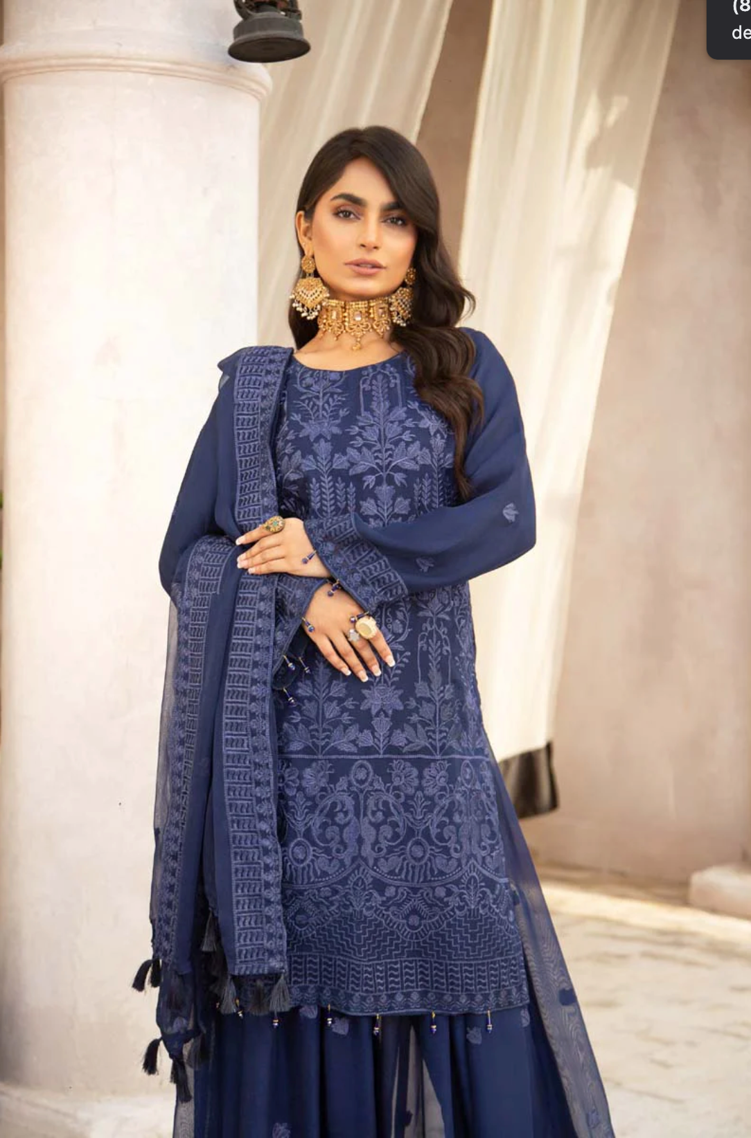 Navy Blue Coral Bliss Chiffon Ladies Suit
