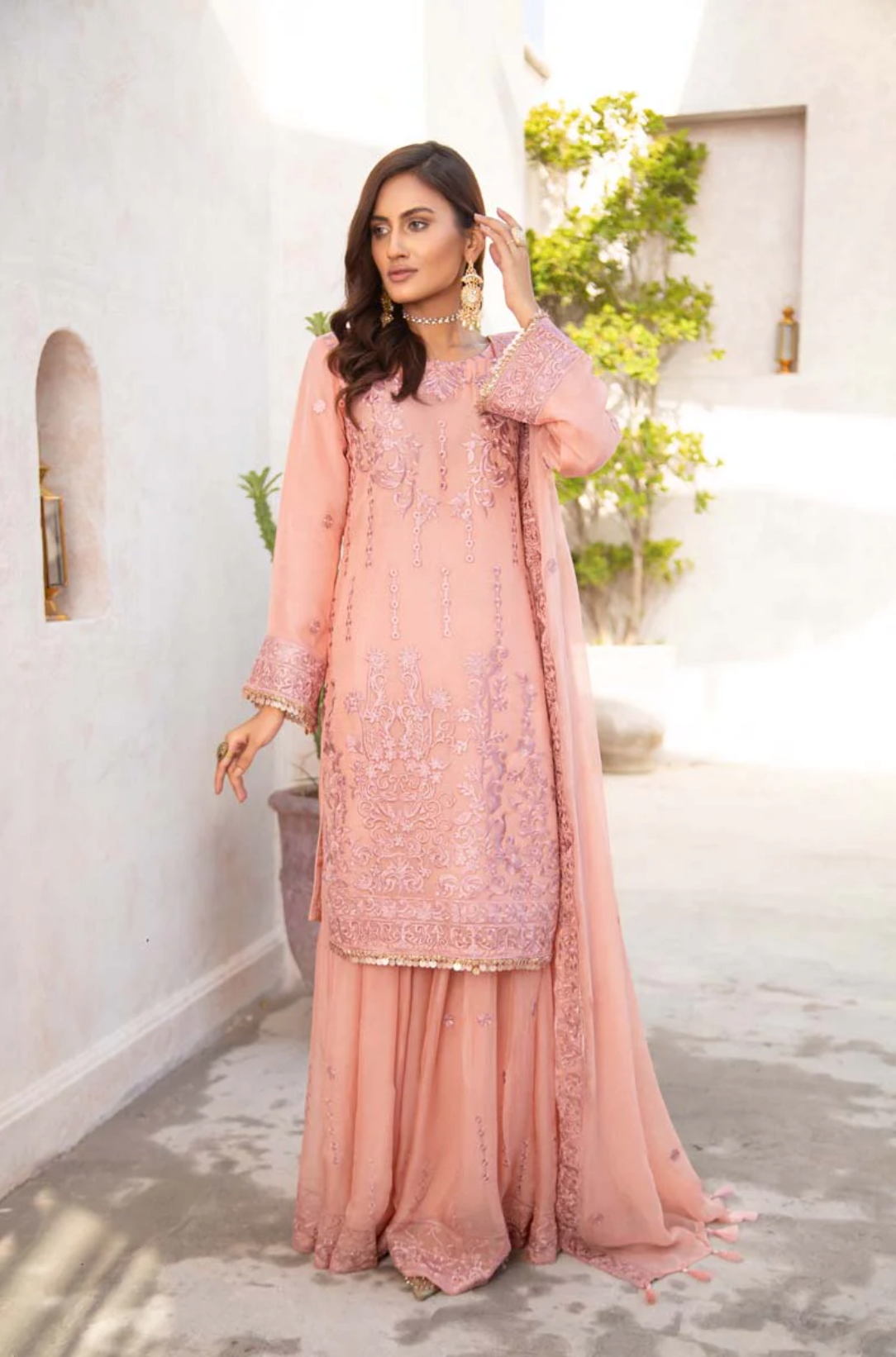 Peach Pink Coral Bliss Chiffon Ladies Suit