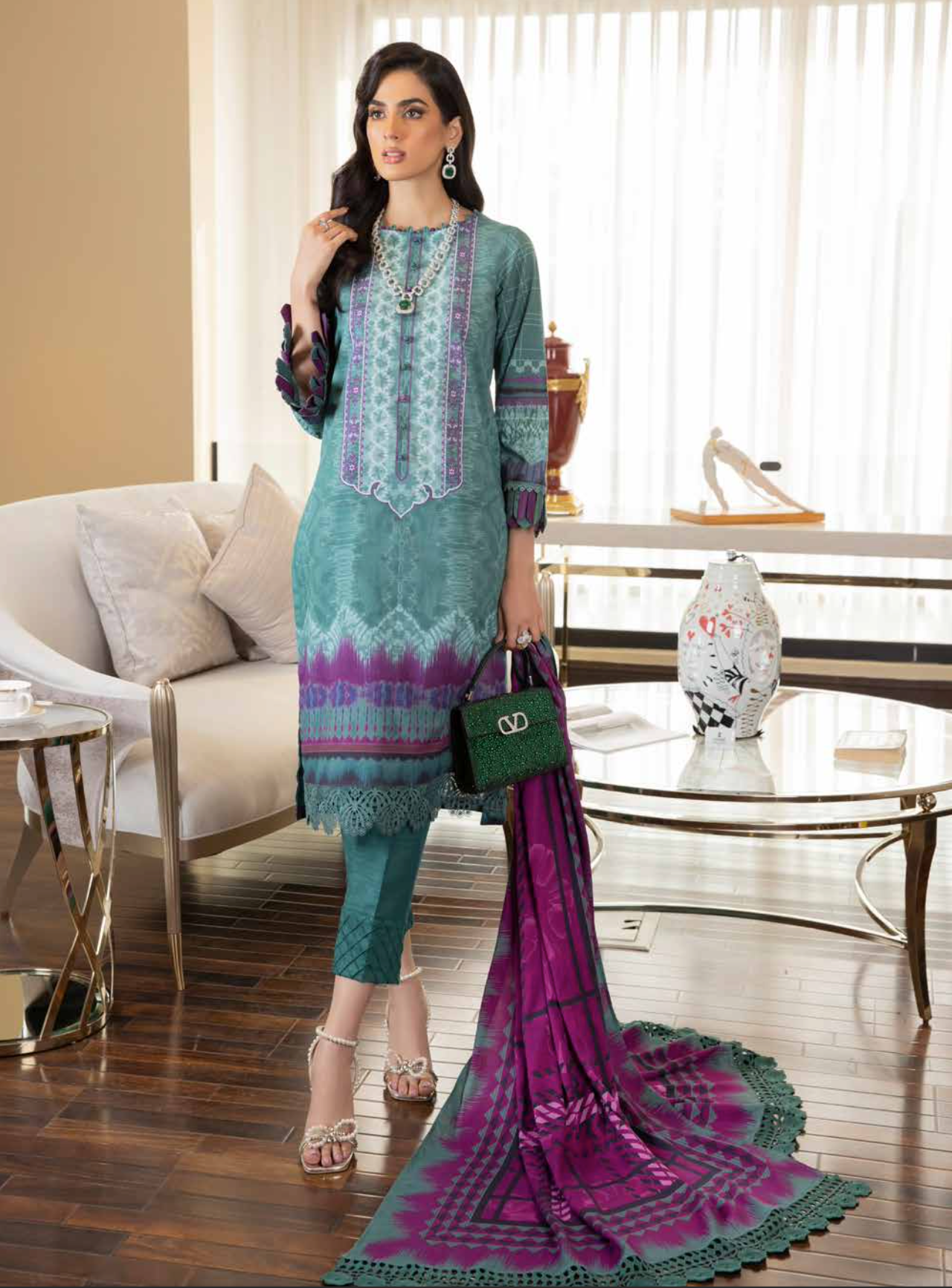 Dark Teal Green and Purple Nureh Khaddar Ladies Suit