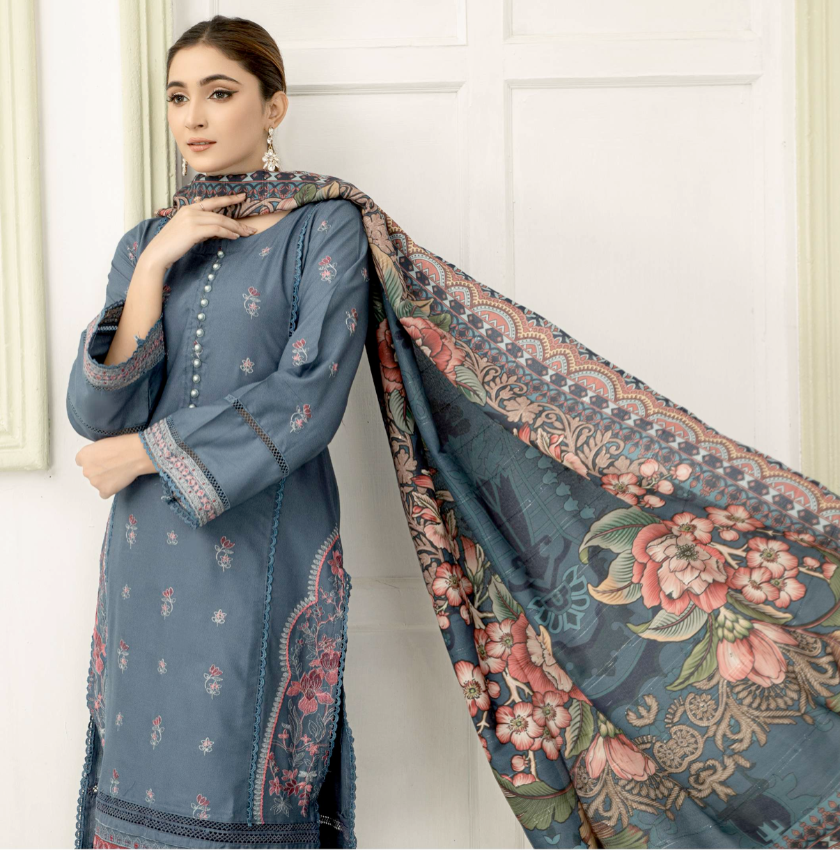 Slate Blue 'Maahi' Dhanak Ladies Suit