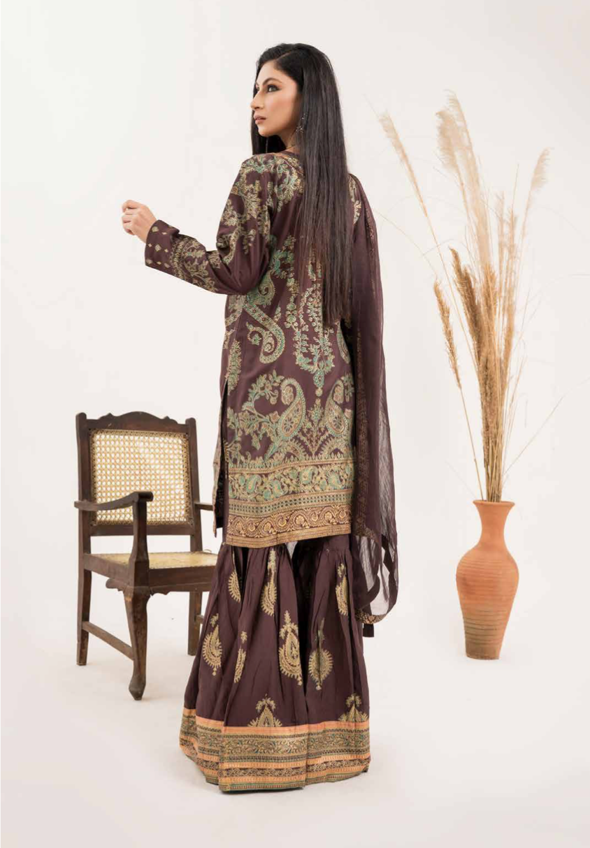 Dark Brown Linen Gharara Ladies Suit