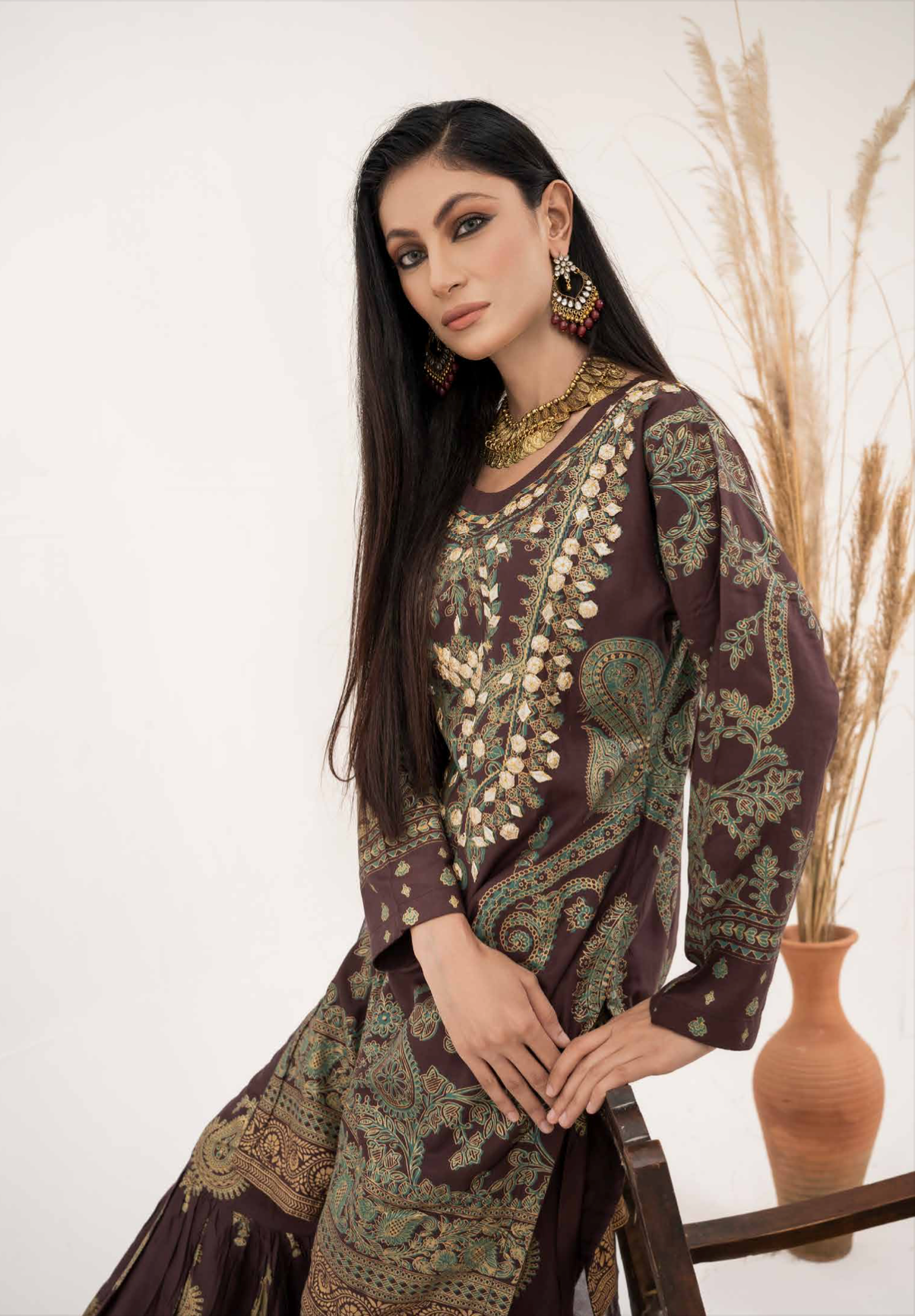Dark Brown Linen Gharara Ladies Suit
