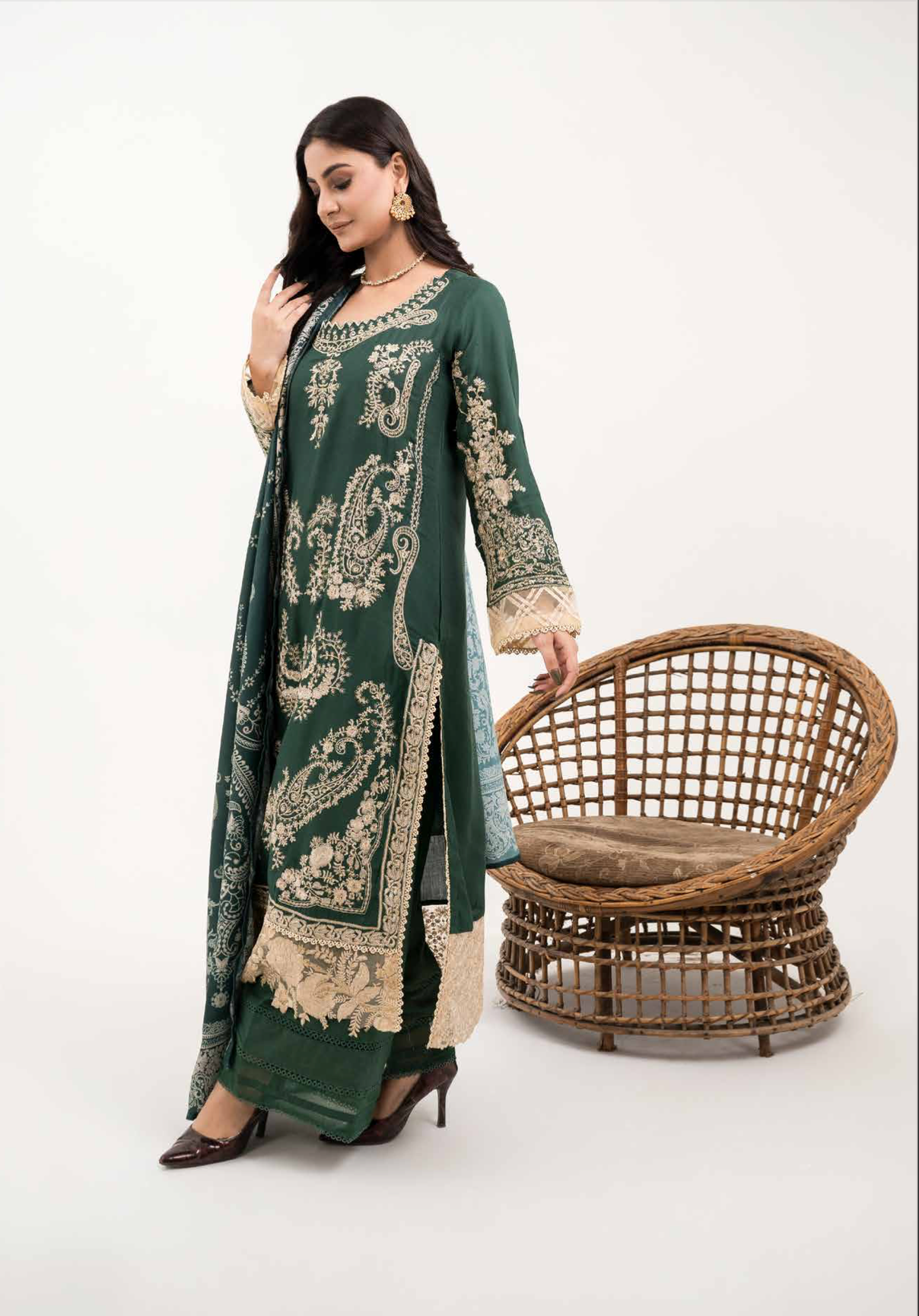 Dark Green Sana Safinaz Design Linen Ladies Suit