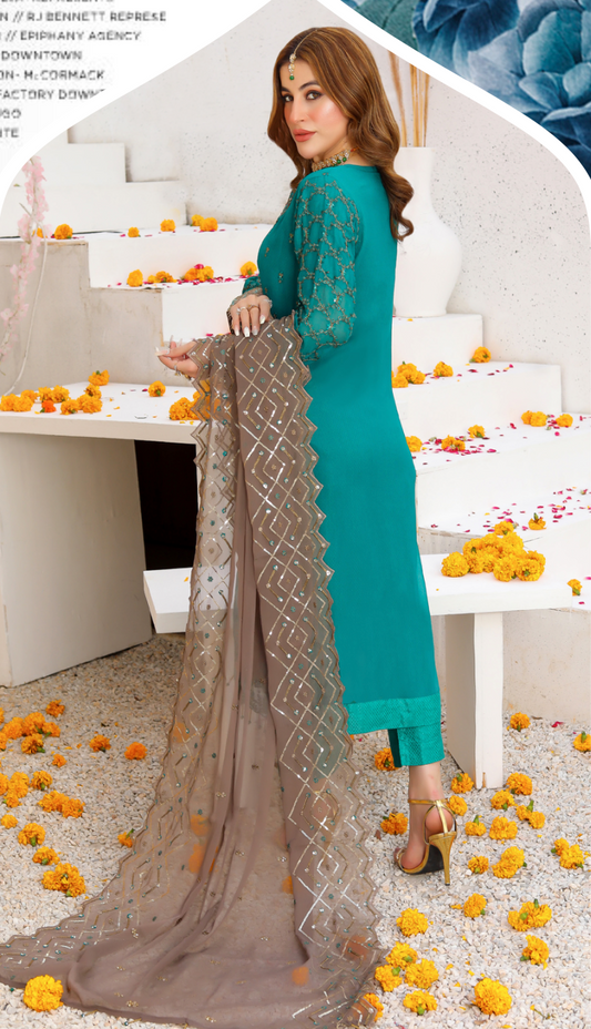 Dark Teal Green 'PB' Luxury Chiffon Ladies Suit