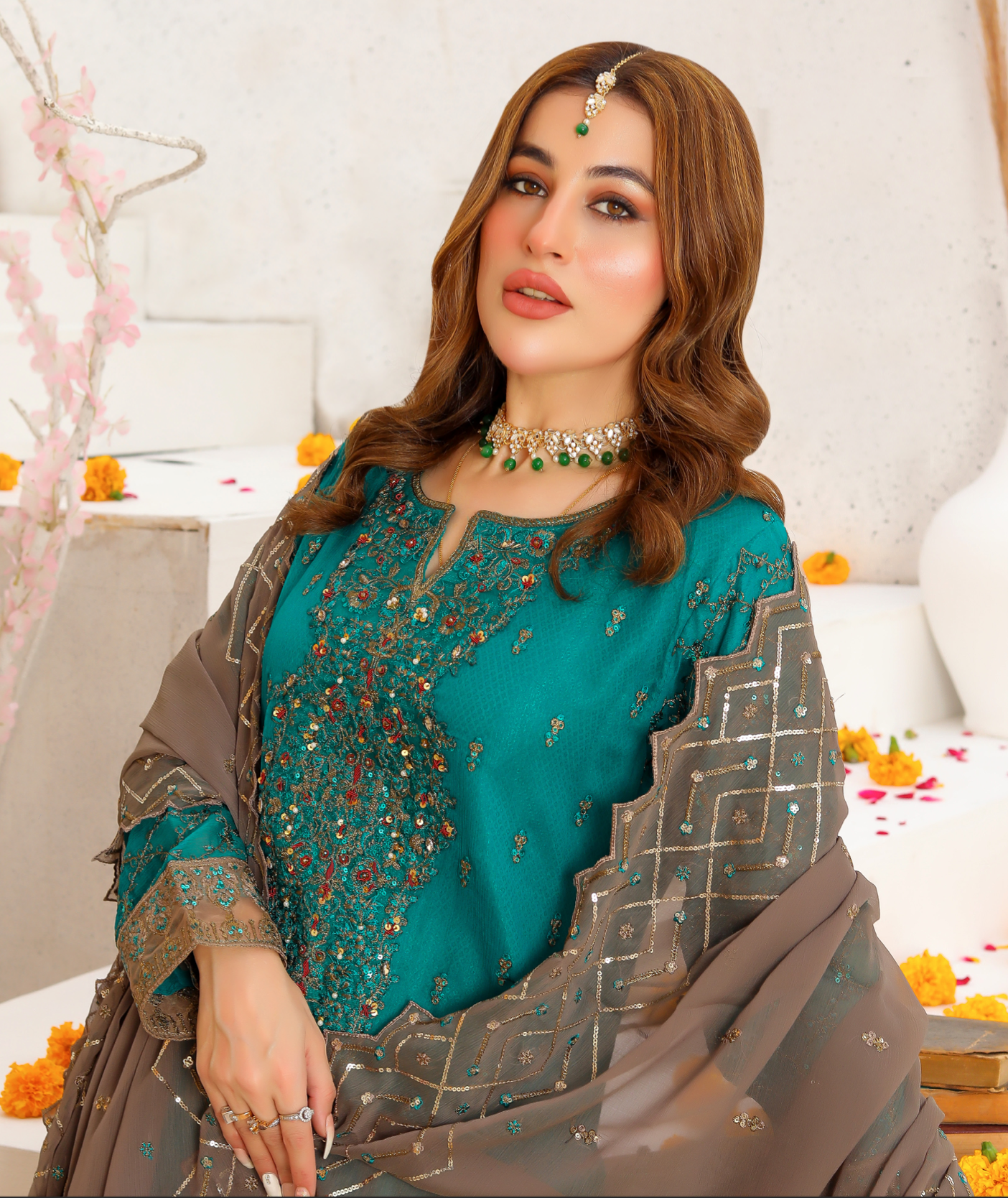 Dark Teal Green 'PB' Luxury Chiffon Ladies Suit