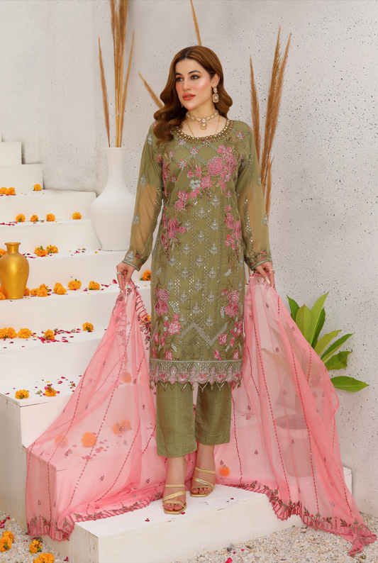 Olive Green 'PB' Luxury Chiffon Ladies Suit