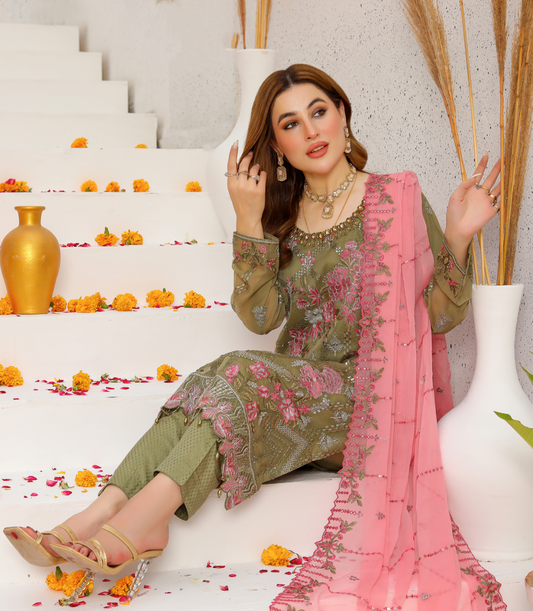 Olive Green 'PB' Luxury Chiffon Ladies Suit