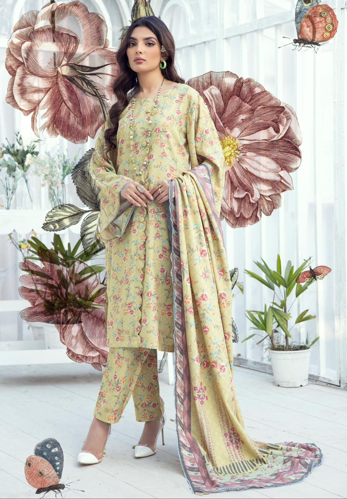 Light Olive 'S Prints' Dhanak Ladies Suit