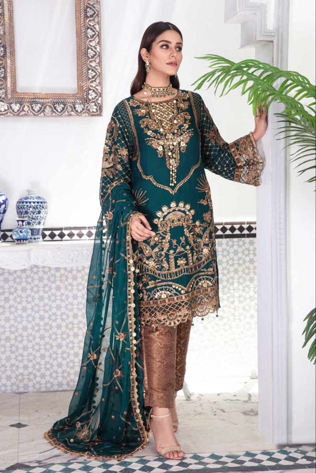 Dark Teal Green Emaan Adeel Luxury Chiffon Ladies Suit