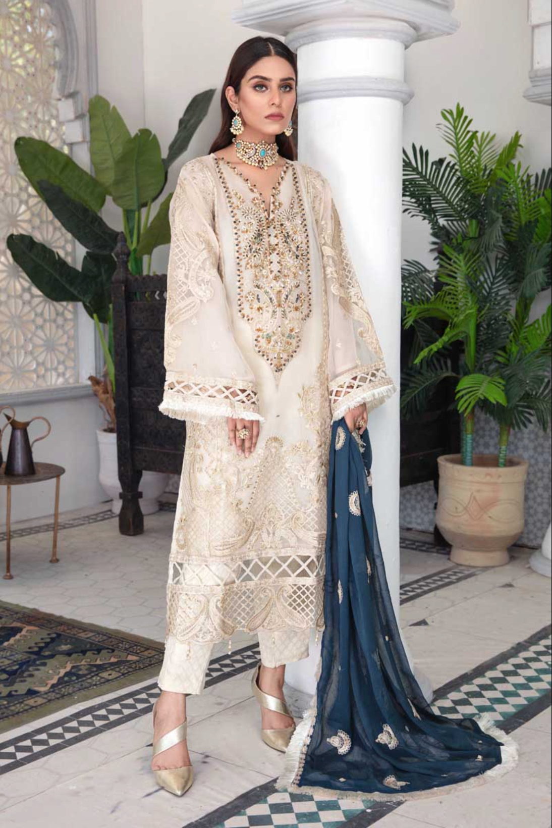 Light Beige Gold Emaan Adeel Luxury Organza Ladies Suit