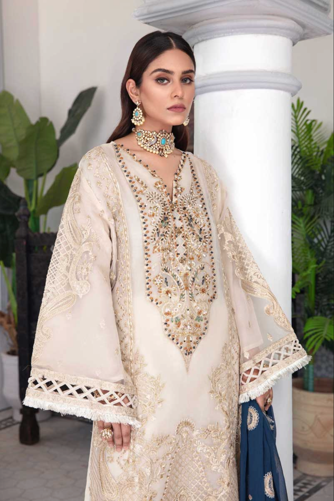 Light Beige Gold Emaan Adeel Luxury Organza Ladies Suit