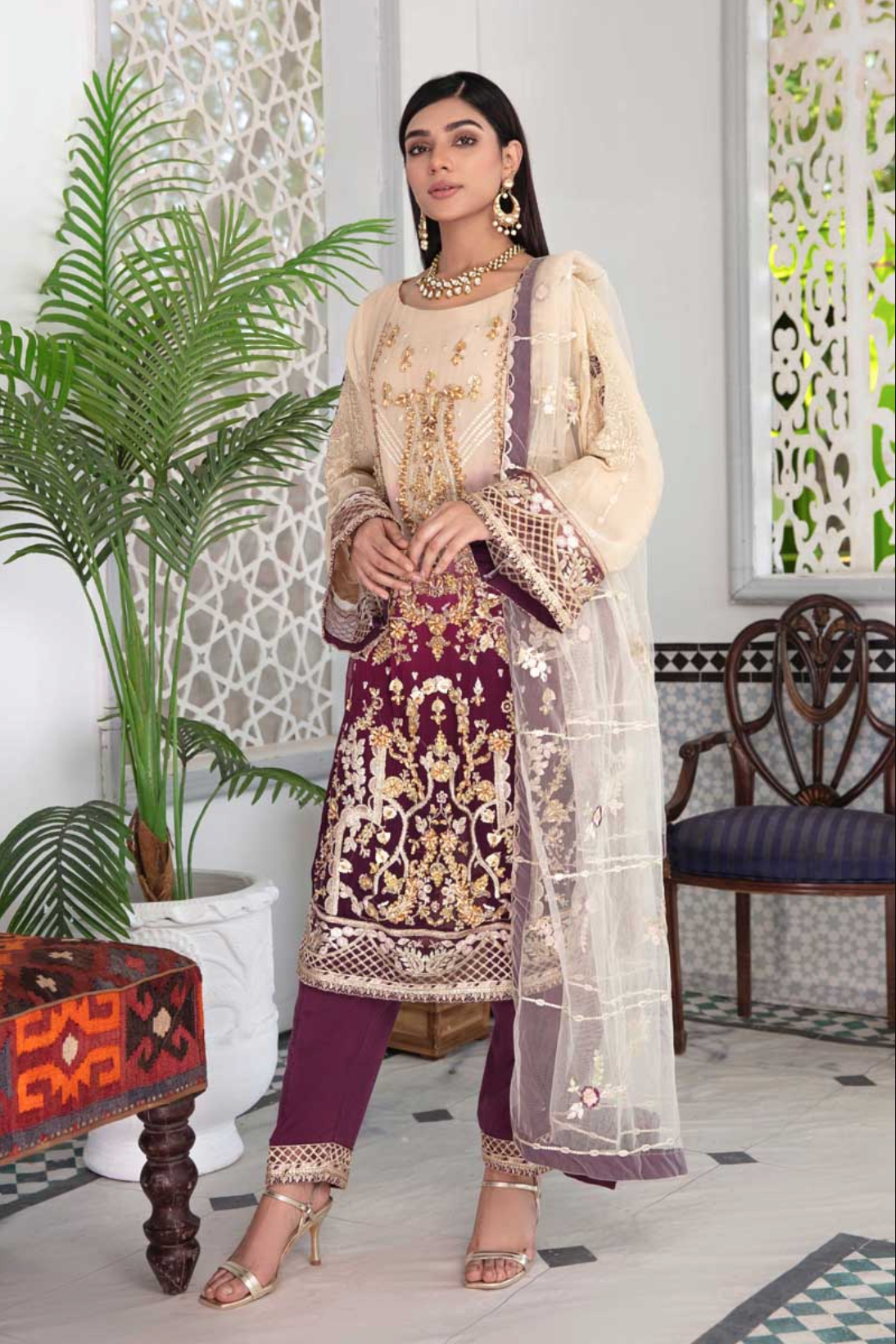 Gold and Purple Plum Emaan Adeel Luxury Chiffon Ladies Suit