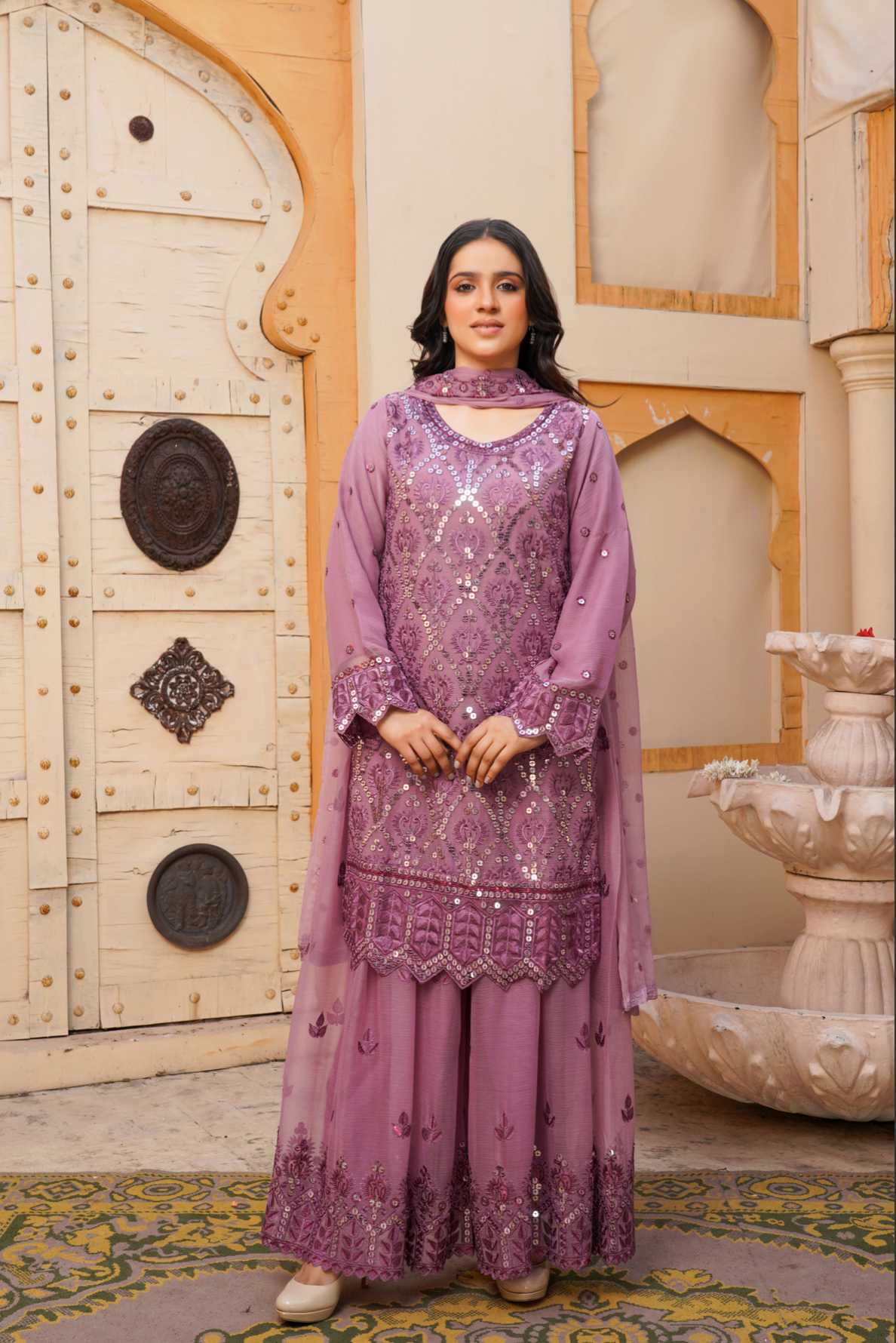 Purple Chiffon Sharara Ladies Suit