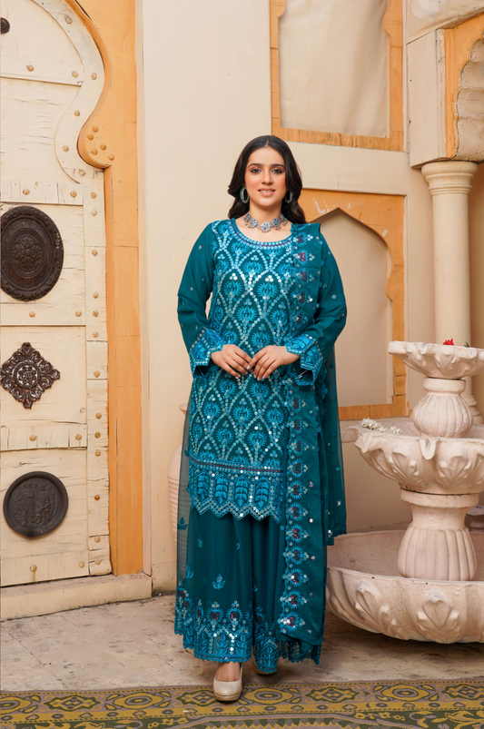 Dark Teal Green Chiffon Sharara Ladies Suit