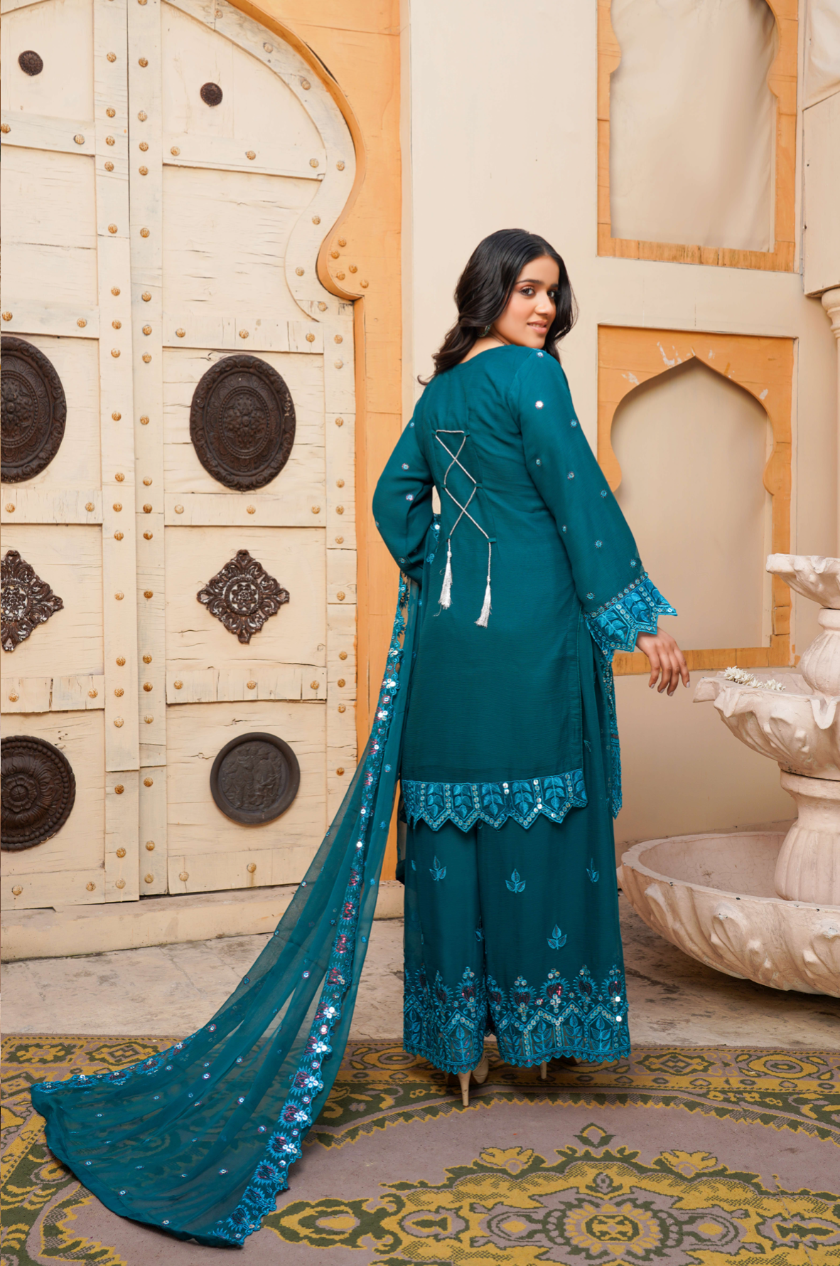 Dark Teal Green Chiffon Sharara Ladies Suit