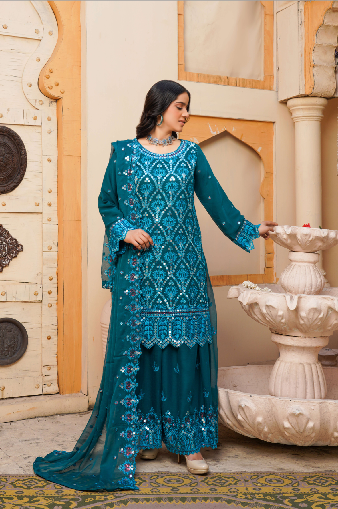 Dark Teal Green Chiffon Sharara Ladies Suit