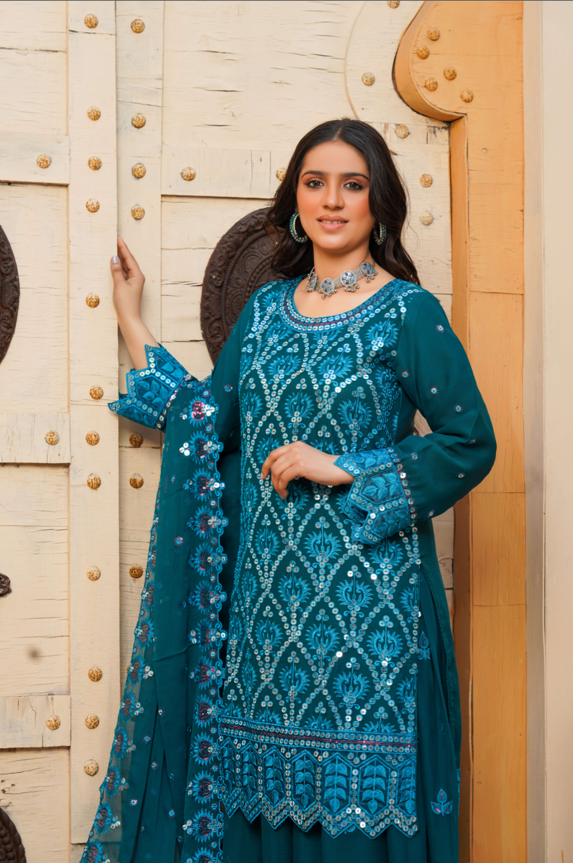 Dark Teal Green Chiffon Sharara Ladies Suit