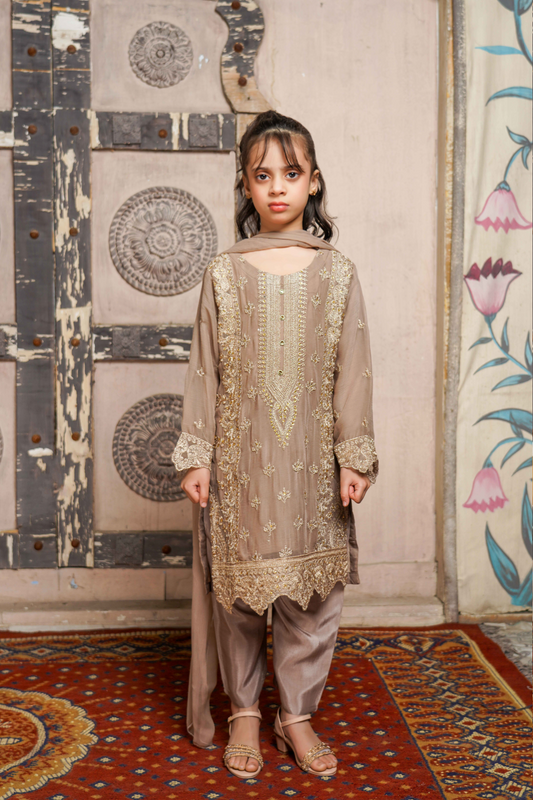Taupe Brown Chiffon Girls Suit