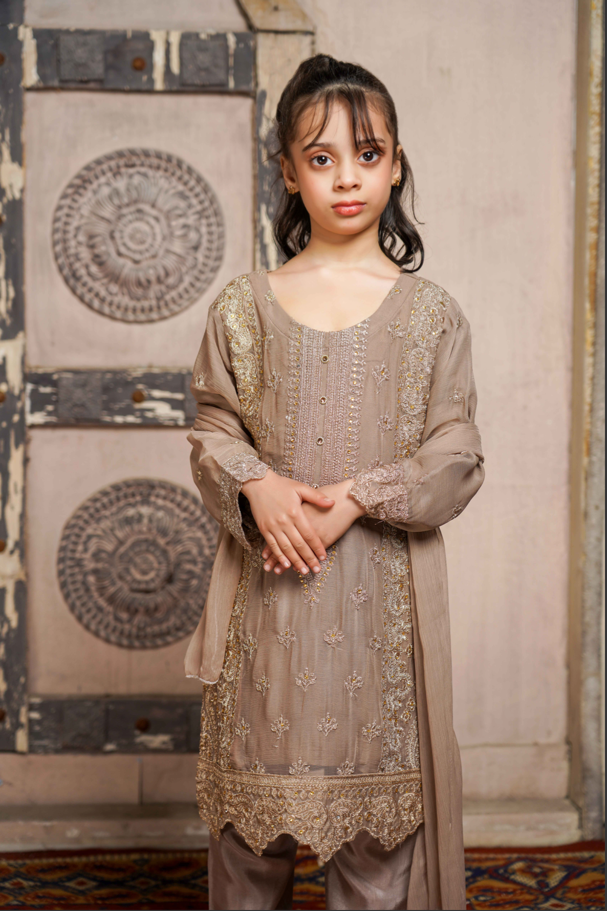 Taupe Brown Chiffon Girls Suit