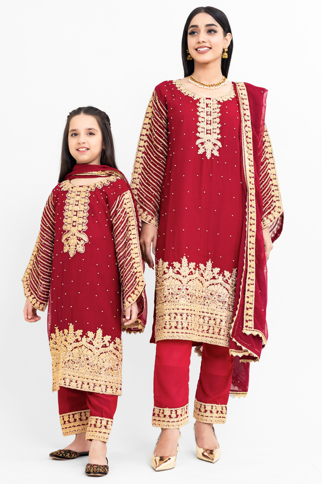 Red and Gold Chiffon Girls Suit