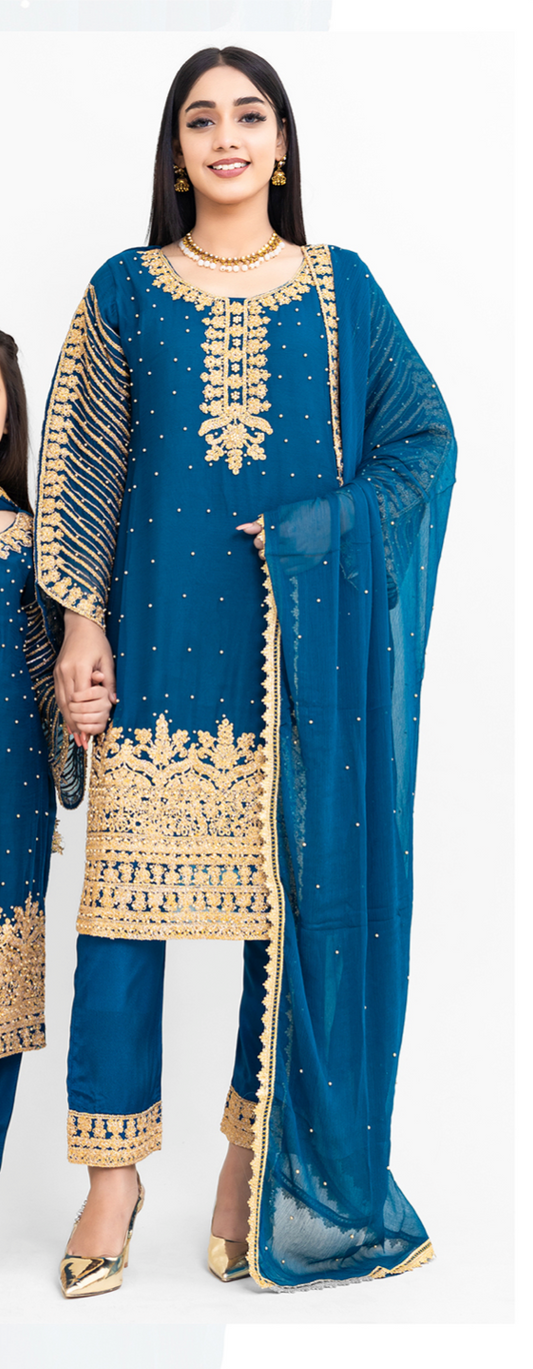 Dark Teal Blue and Gold Chiffon Ladies Suit