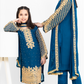 Dark Teal Blue and Gold Chiffon Ladies Suit