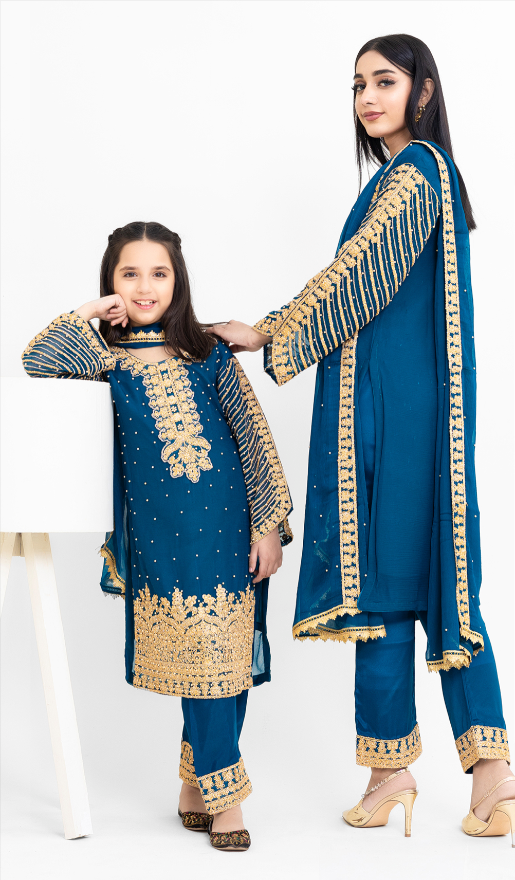 Dark Teal Blue and Gold Chiffon Girls Suit