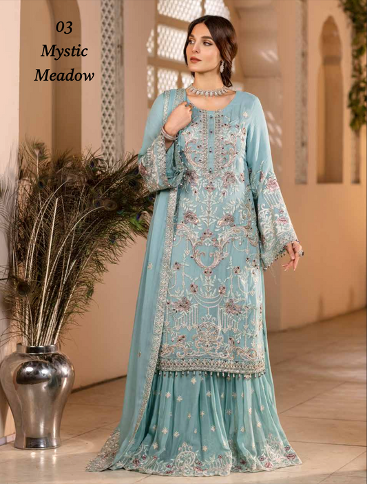 Light Teal Blue 'Mystic Meadow' Dastan Luxury Chiffon Ladies Suit